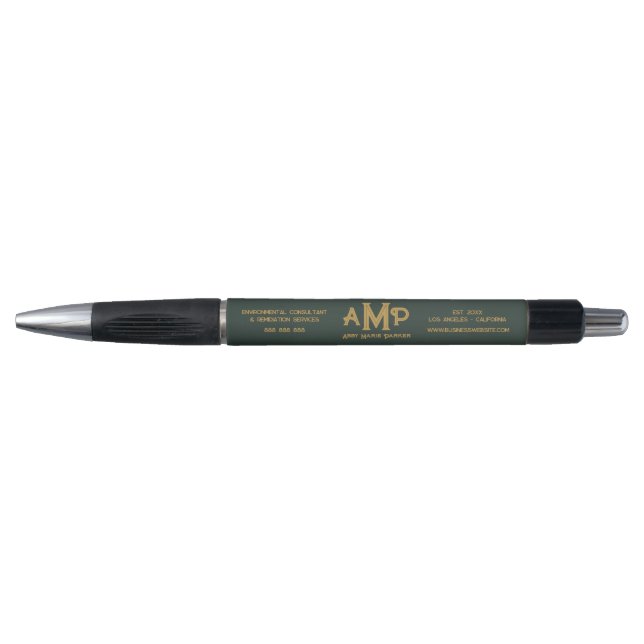 Custom Business Logo Green Gold Monogram Tagline  Pen (Front)