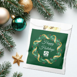 Custom Business Logo Green Wreath Holiday Party Favour Bag