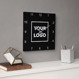 Custom Business Logo on Minimal Black Background Square Wall Clock