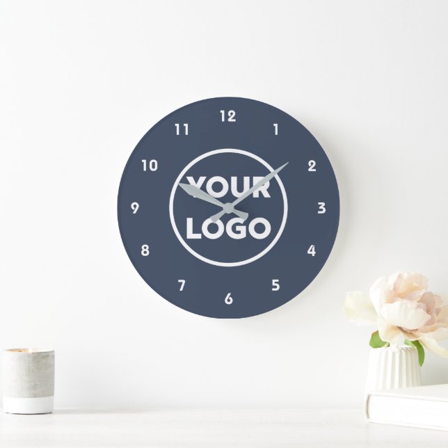 Custom Business Logo on Simple Navy Blue Large Clock (Home)