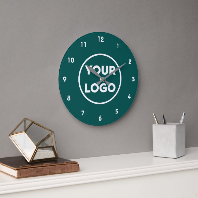 Custom Business Logo on Simple Teal Background Large Clock (Office)