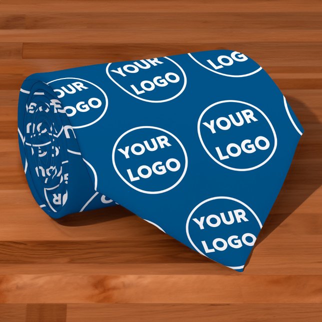 Custom Business Logo Pattern on Blue Tie (Custom Business Logo Pattern on Blue Neck Tie, rolled, in situ)