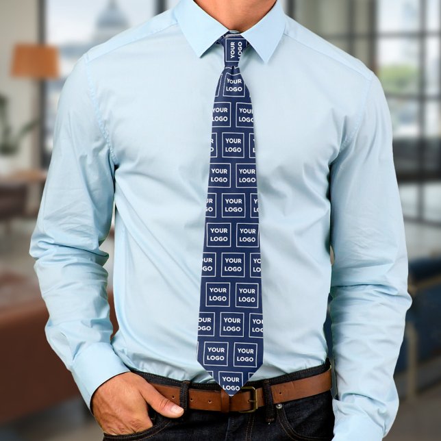 Custom Business Logo Pattern on Navy Blue 2 Sided Tie (Custom Business Logo Pattern on Navy Blue 2 Sided Neck Tie, in situ)