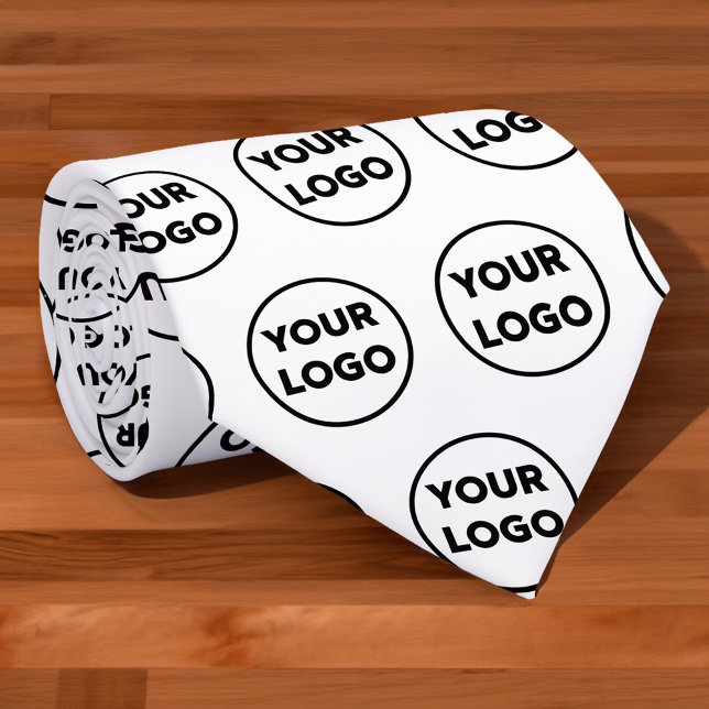 Custom Business Logo Pattern on White Tie (Custom Business Logo Pattern on White Neck Tie, rolled, in situ)