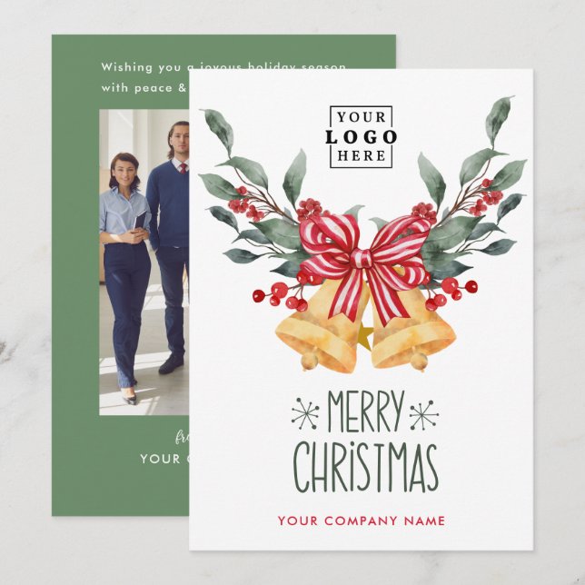 Custom Business Logo Photo Retro Merry Christmas  Holiday Card (Front/Back)