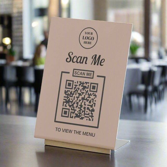 Custom Business Logo QR Code Menu Rustic Neutral  Pedestal Sign (Creator Uploaded)