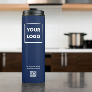 Custom Business Logo QR Code on Navy Blue Thermal Tumbler