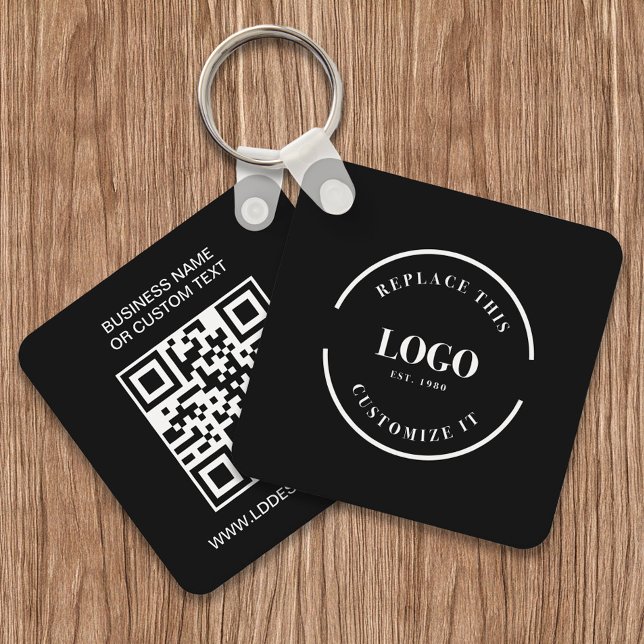 Custom Business Logo QR code website text black Keychain (Front and back of double sided black keychain. Customizable business logo, text and website QR code,)