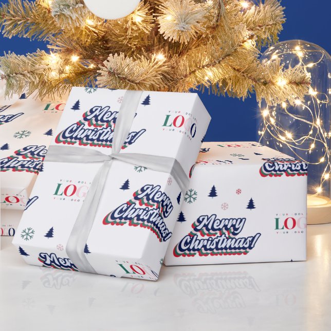 Custom Business Logo & Retro Merry Christmas Text Wrapping Paper (Holidays)