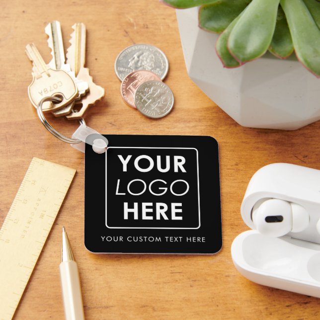 Custom Business Logo & Text Black White Keychain (Desk)
