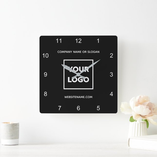 Custom Business Logo Text Minimal Black Square Wall Clock (Home)