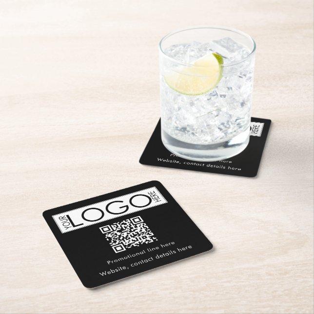 Custom Business Logo Text QR Code Promo Black Square Paper Coaster (Insitu)