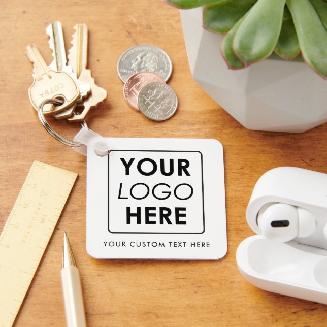 Custom Business Logo & Text White Black Keychain (Desk)