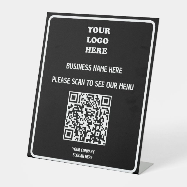 Custom Business Modern Black QR Code Menu Logo Ped Pedestal Sign (Front)