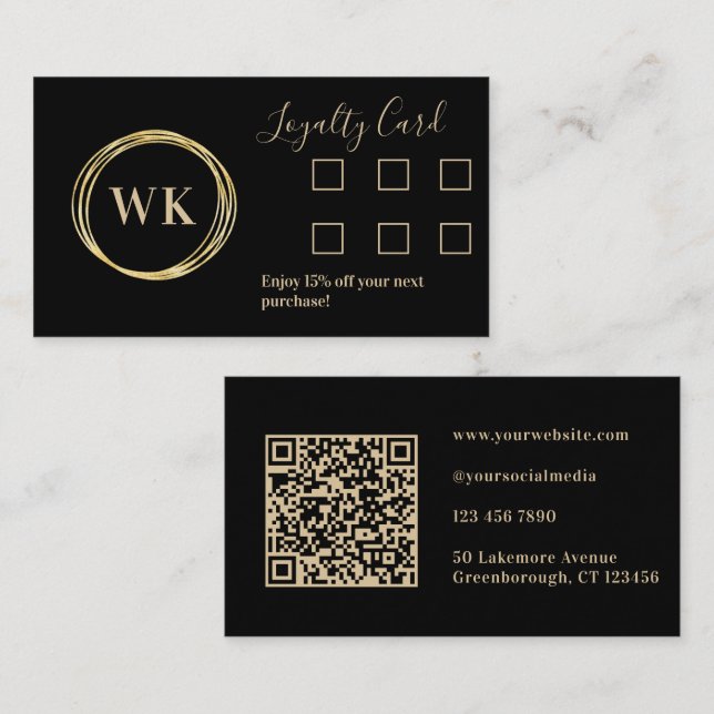 Custom Business Monogram Black Gold Loyalty Card (Front/Back)