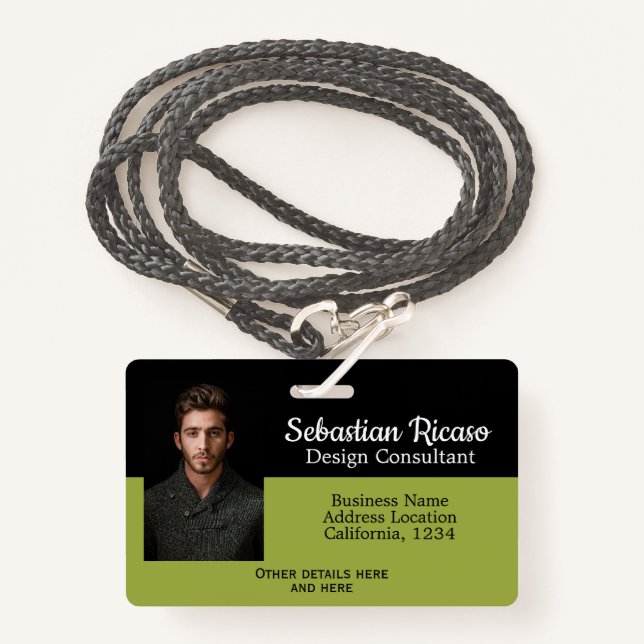 Custom Business Personalized Green Black Badge (Front with Lanyard)