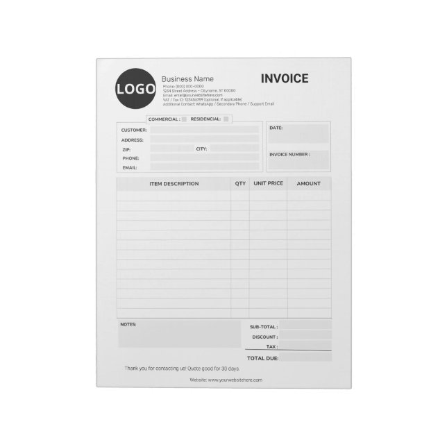 Custom Business Quote & Invoice Form Notepad (Rotated)