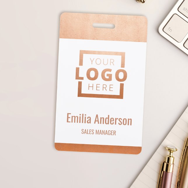 Custom Business Rose Gold Logo Barcode Employee Badge (Creator Uploaded)