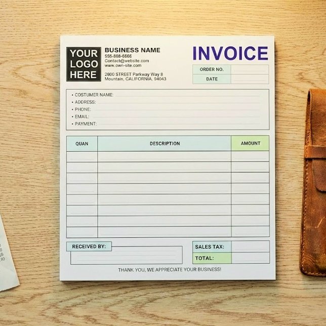 Custom Business Sales Invoice Forms, Company Logo Notepad (custom carbonless invoice forms)