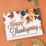 Custom Business Thanksgiving Beautiful Pumpkin Postcard<br><div class="desc">This beautiful corporate Thanksgiving postcard features a pretty autumn leaf border of brown and orange leaves with orange pumpkins around your personalized company text. Customize these chic business holiday postcards for your professional group with in lovely fall colours.</div>