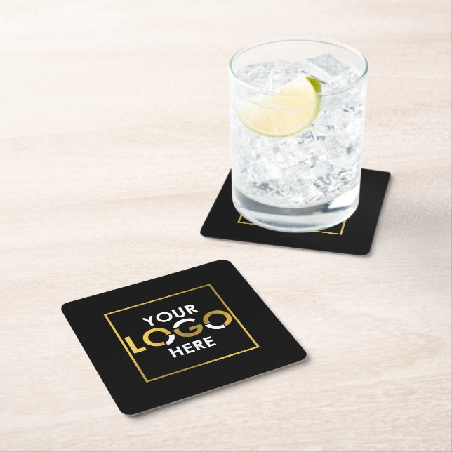 Custom Business Your Logo Here Promotional Black Square Paper Coaster (Insitu)