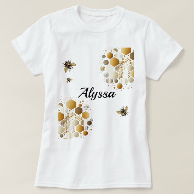 Custom Busy Bee on Honeycomb: Hexagons and Circles T-Shirt (Design Front)