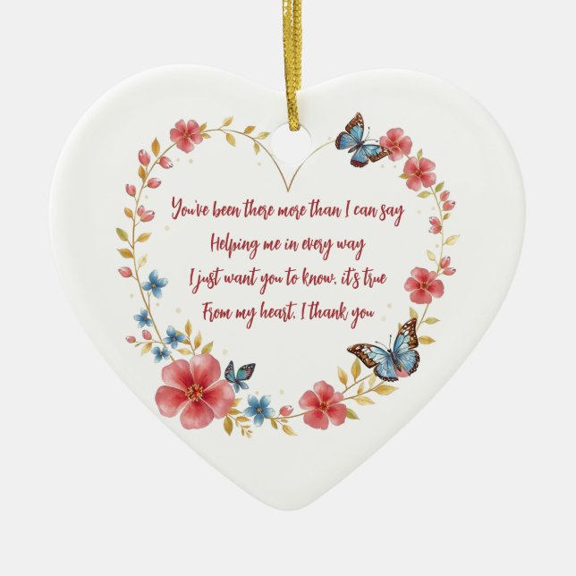 Custom Butterflies and Flowers Heart Thank You Ceramic Ornament (Front)
