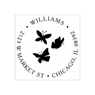 Custom Butterflies Round Name & Return Address Rubber Stamp