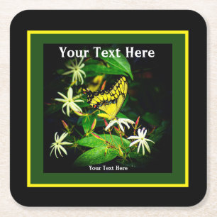 Custom"Butterfly and Jasmine" Square Paper Coaster