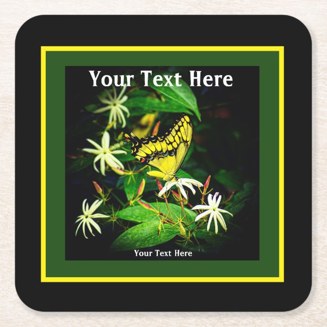 Custom"Butterfly and Jasmine" Square Paper Coaster (Front)