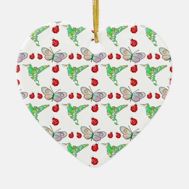 Custom Butterfly, Hummingbird and Ladybug Pattern Ceramic Ornament (Front)