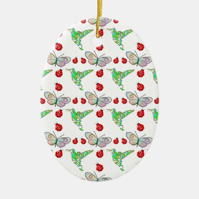 Custom Butterfly, Hummingbird and Ladybug Pattern Ceramic Ornament (Front)