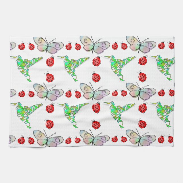 Custom Butterfly, Hummingbird and Ladybug Pattern Kitchen Towel (Horizontal)