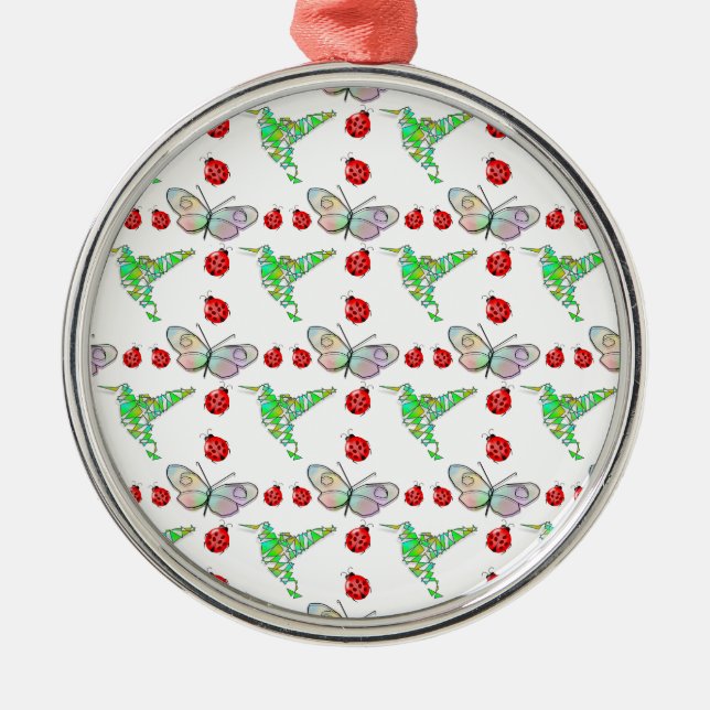 Custom Butterfly, Hummingbird and Ladybug Pattern Metal Ornament (Front)