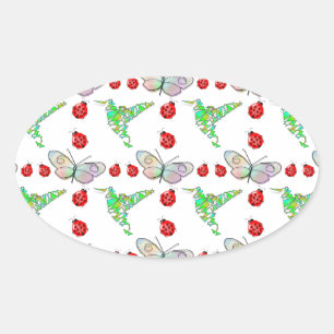 Custom Butterfly, Hummingbird and Ladybug Pattern Oval Sticker