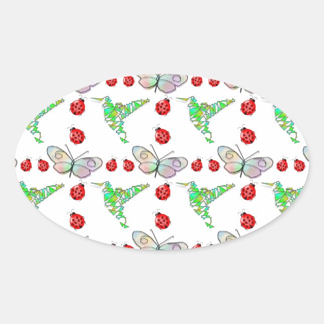 Custom Butterfly, Hummingbird and Ladybug Pattern Oval Sticker (Front)