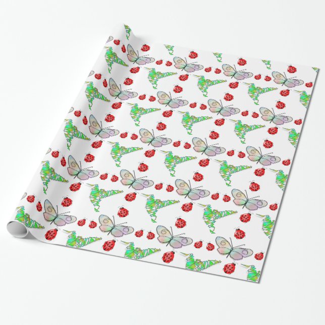 Custom Butterfly, Hummingbird and Ladybug Pattern Wrapping Paper (Unrolled)