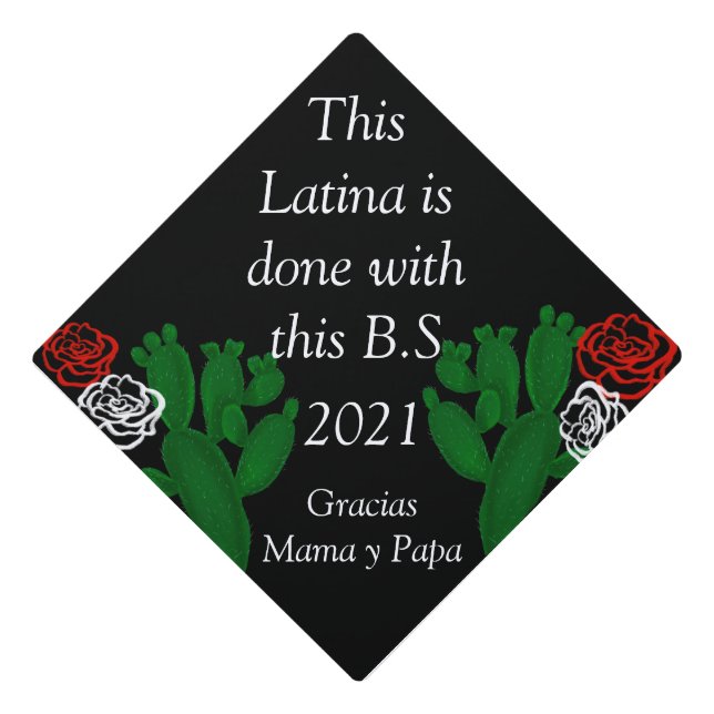 Custom Cactus and Roses Graduation Cap (Front)
