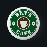 Custom cafe barrista round name badge buttons<br><div class="desc">Custom cafe barrista round name badge pinback buttons for coffee bar, cafe, restaurant, shop, business etc. Personalized round name badges with cup and beans design. Available in small , medium and large. Create badges for staff, personnel, company co workers, boss, manager, employees, colleagues etc. Add your own name or monogram...</div>