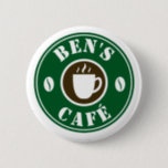 Custom cafe barrista round name badge buttons<br><div class="desc">Custom cafe barrista round name badge pinback buttons for coffee bar, cafe, restaurant, shop, business etc. Personalized round name badges with cup and beans design. Available in small , medium and large. Create badges for staff, personnel, company co workers, boss, manager, employees, colleagues etc. Add your own name or monogram...</div>