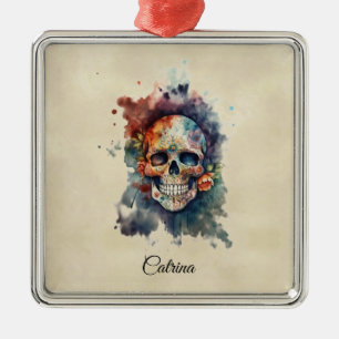 Custom Calavera Hermosa Day of the Dead Skull Metal Ornament