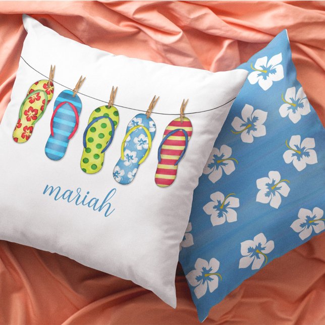 Custom Calligraphy Script Beach  Throw Pillow (Cute Beach Flip Flops Personalized Pillow. )
