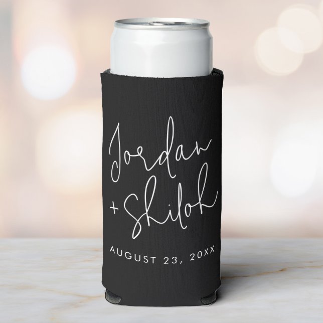 Custom Calligraphy Wedding To have and To hold Seltzer Can Cooler (A black can with cooler featuring custom names date in white modern script on a soft background.)