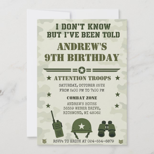 Custom Camo Army Birthday Party Invitation (Front)