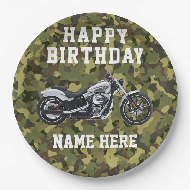 Custom Camo Motorcycle Happy Birthday Name Paper Plate (Front)