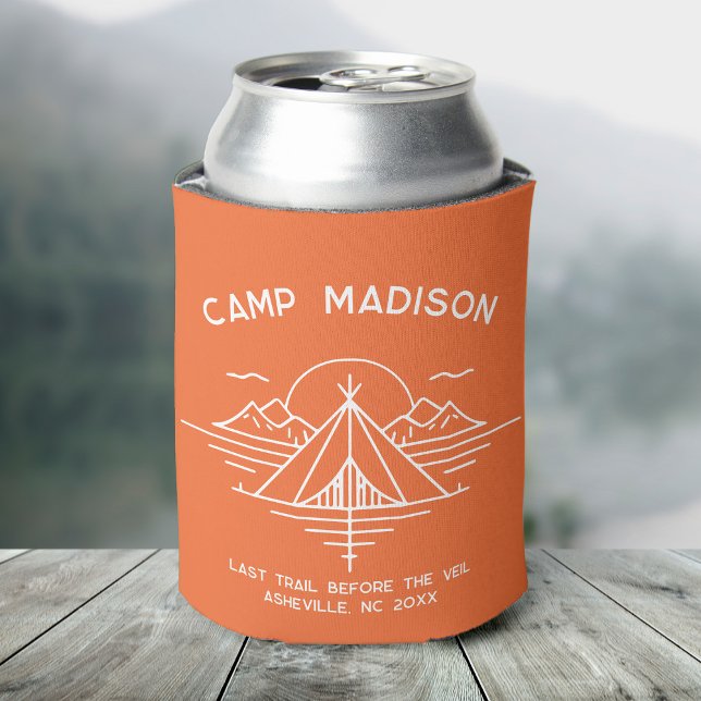 Custom Camp Bachelorette Party Favours Hiking Can Cooler (A can covered in a orange cooler featuring "Camp Madison" and a line graphic of mountains and a tent)
