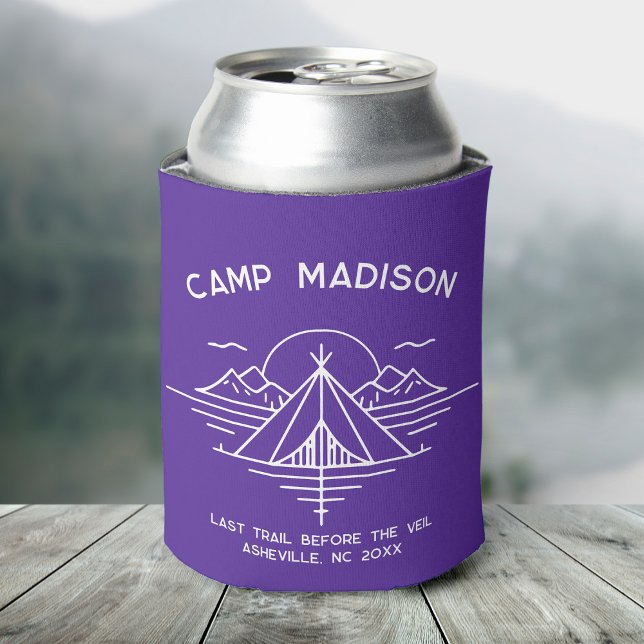 Custom Camp Bachelorette Party Favours Hiking Can Cooler (A can covered in a purple cooler featuring "Camp Madison" and a line graphic of mountains and a tent)