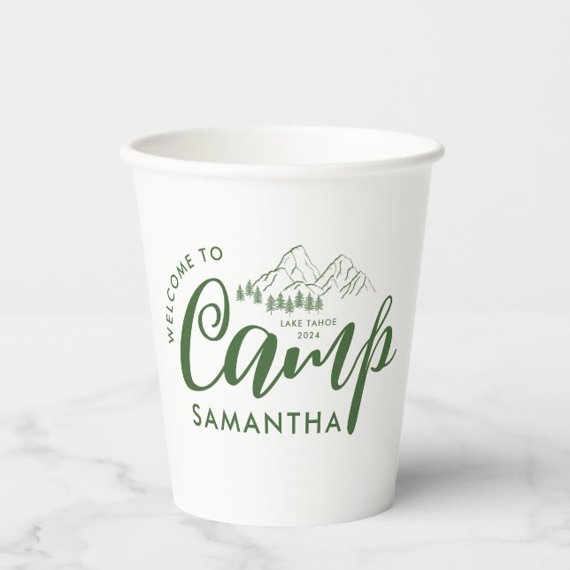 Custom Camp Bachelorette Party Modern Rustic Paper Cups (Front)
