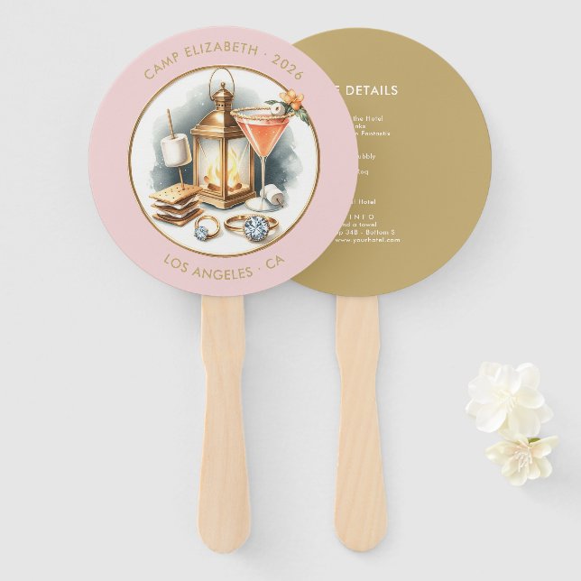 Custom Camp Bride Bachelorette Weekend Itinerary Hand Fan (Front and Back)