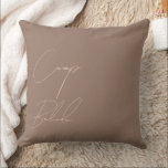 Custom Camp Bride Mocha Mousse Throw Pillow<br><div class="desc">Add a touch of cozy elegance to your bachelorette celebration with this personalized Camp Bride pillow in Colour of the year 2025 Mocha Mousse colour. Featuring stylish Cream Tan script text, this pillow is a perfect keepsake or décor piece for rustic, nature-inspired bridal celebrations. Customize it with the bride-to-be's name...</div>